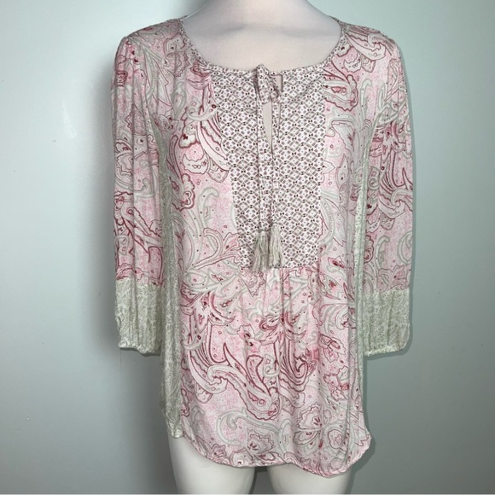 Rose & Thyme Pink Paisley Boho Peasant Blouse Women’s Large Tassel Tie Rayon Top